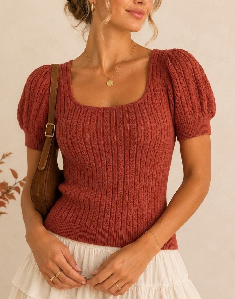 FRNCH Paris Pointelle Knit Top Puff Sleeve Medium Rust Preppy Fall Coquette